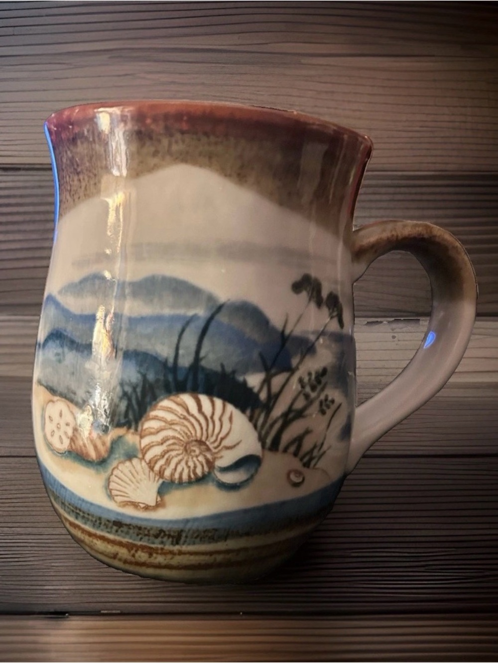 Otagiri Stoneware Mug Potbelly Handpainted Japan Seashells Beach 5"